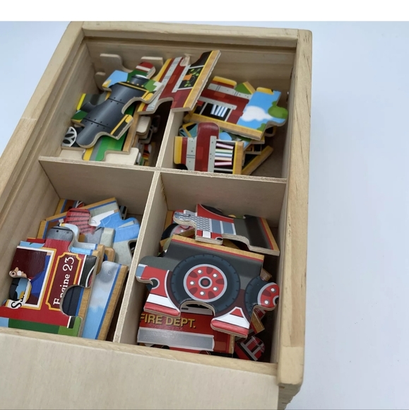 MELISSA & DOUG 4 WOODEN JIGSAW PUZZLES IN A BOX ~ BUS/TRAIN/FIRE/RACER ~ 48 PC. - Picture 3 of 4